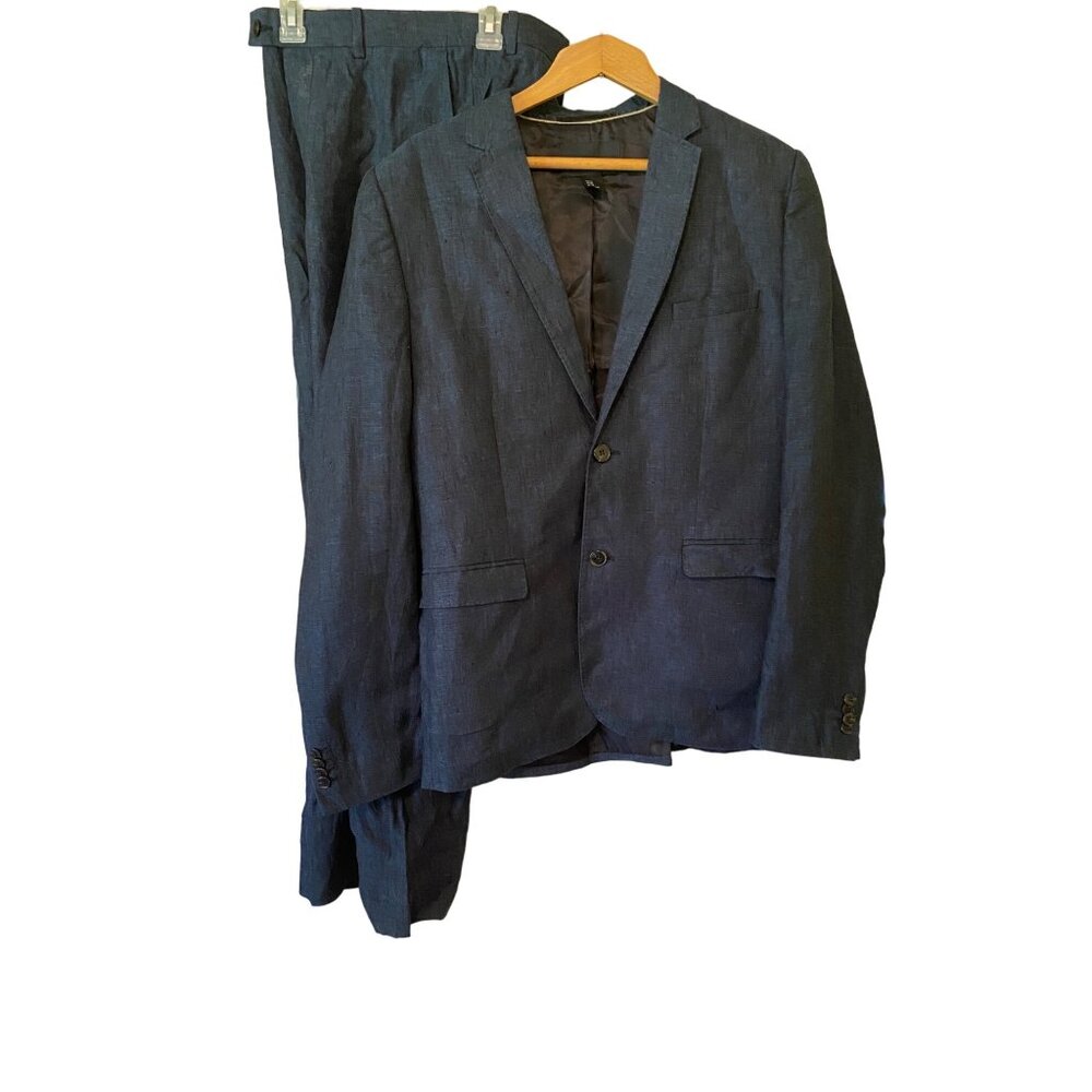 Men's H & M Slim Fit Blue 2 Piece Suit Set 100 Linen Coat 42 / Pants 34